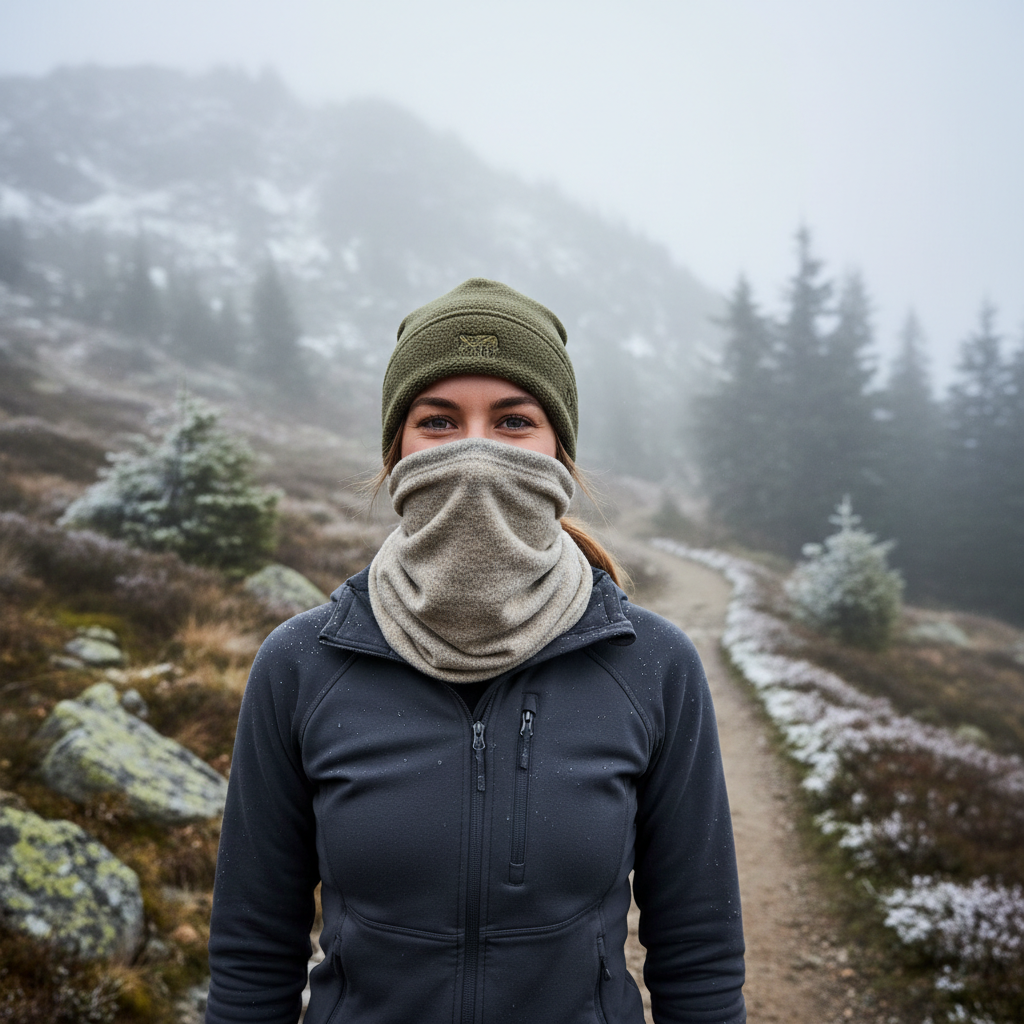 Merino Wool Buff Neck Gaiter worn by woman